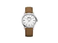 Alpina Heritage Tropic-Proof Handaufzug Edelstahl 34mm weißes Zifferblatt braunes Lederband – Herrenuhren Uhr ohne Datum aus Edelstahl und Leder. Das Gehäuse ist rund und silber. Das Lederarmband ist braun. Das Zifferblatt ist ein Index in weiß.