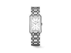 Longines DolceVita   Mini Quarz Edelstahl 21x32mm weißes Zifferblatt Metallband – Damenuhren Uhr ohne Datum aus Edelstahl. Das Gehäuse ist rechteckig und silber. Das Edelstahlarmband ist silber. Das Zifferblatt ist ein Index in weiß.