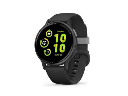 Garmin vívoactive 5 faserverstärktes Polymer schwarz 42mm schiefergraues Kautschukband – Damenuhren Uhr Multifunktion aus eloxiertes Aluminium, Kautschuk, Kunststoff und PVD beschichtet. Das Gehäuse ist rund und schwarz. Das Kautschuk / Kunststoff / Silikon Armband ist anthrazit. Der Zifferblatt ist digital. – Ansicht 3