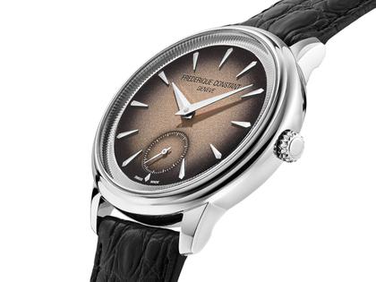 Frederique Constant Classics Moneta Handaufzug Edelstahl 38,5mm braunes Zifferblatt schwarzes Lederband limitiert – Herrenuhren Uhr ohne Datum aus Edelstahl und Leder. Das Gehäuse ist rund und silber. Das Lederarmband ist schwarz. Das Zifferblatt ist ein Index in braun. – Ansicht 4