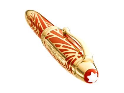Montblanc The Origin Collection Solitaire LeGrand Füllfederhalter M korallfarbenes Edelharz vergoldet – Schreibgeräte Füllfederhalter in rot und aus 750 Gelbgold, Edelharz und vergoldet. – Ansicht 3