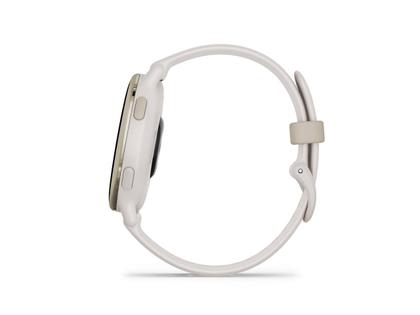 Garmin vívoactive 5 faserverstärktes Polymer elfenbein-/cremgoldfarben 42mm elfenbeinfarbenes Kautschukband – Damenuhren Uhr Multifunktion aus eloxiertes Aluminium, Kautschuk, Kunststoff und PVD beschichtet. Das Gehäuse ist rund und elfenbein. Das Kautschuk / Kunststoff / Silikon Armband ist elfenbein. Der Zifferblatt ist digital. – Ansicht 4