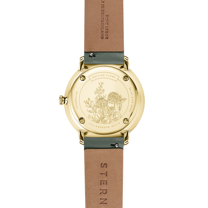 Sternglas Naos XS Edition Flora Quarz Edelstahl PVD-Gelbgold 33mm grünes Zifferblatt grünes Lederband – Damenuhren Uhr mit Datum aus Edelstahl und PVD beschichtet. Das Gehäuse ist rund und gelbgold. Das Lederarmband ist grün. Das Zifferblatt ist ein Index in grün. – Ansicht 4
