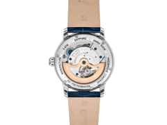 Frederique Constant Classics Moonphase Manufacture Automatik Edelstahl 42mm silberfarbenes Zifferblatt blaues Lederband – Herrenuhren Uhr mit Datum aus Edelstahl und Leder. Das Gehäuse ist rund und silber. Das Lederarmband ist schwarz. Das Zifferblatt ist römisch und silber. – Ansicht 2