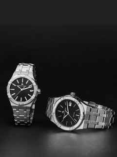 Maurice Lacroix Aikon Quartz Edelstahl 35mm schwarzes Zifferblatt Metallband – Damenuhren Uhr mit Datum aus Edelstahl, PVD beschichtet und vergoldet. Das Gehäuse ist rund und silber. Das Edelstahlarmband ist silber. Das Zifferblatt ist ein Index in schwarz. – Ansicht 2