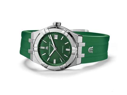 Maurice Lacroix Aikon Automatik Edelstahl 39mm grünes Zifferblatt grünes Kautschukband – Herrenuhren Uhr mit Datum aus Edelstahl. Das Gehäuse ist rund und silber. Das Kautschuk / Kunststoff / Silikon Armband ist silber. Das Zifferblatt ist ein Index in grün. – Ansicht 2