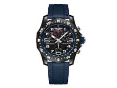 Breitling Endurance Pro 44 Chronograph Quarz Breitlight schwarzes Zifferblatt blaues Kautschukband – Herrenuhren Chronograph aus Kautschuk und Sonstiges. Das Gehäuse ist rund und schwarz. Das Kautschuk / Kunststoff / Silikon Armband ist blau. Das Zifferblatt ist arabisch Index und schwarz.