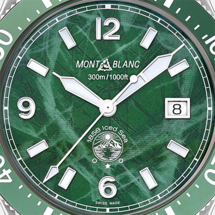 Montblanc 1858 Iced Sea Automatic Date grün Metallband – Herrenuhren Uhr mit Datum aus Edelstahl und Keramik. Das Gehäuse ist rund und silber. Das Edelstahlarmband ist silber. Das Zifferblatt ist arabisch Index und grün. – Ansicht 5