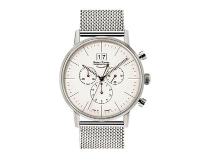 Bruno Söhnle Glashütte Stuttgart     Chrono Big Edelstahl silber Edelstahlband – Herrenuhren Chronograph aus Edelstahl. Das Gehäuse ist rund und silber. Das Edelstahlarmband ist silber. Das Zifferblatt ist ein Index in silber.