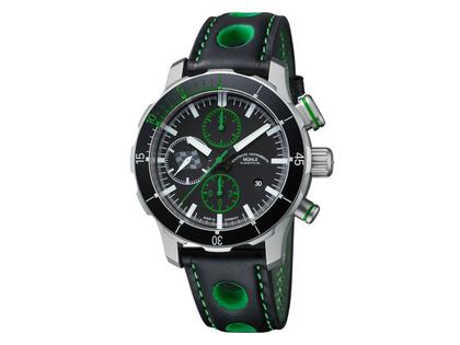 Mühle Glashütte Rallye-Chronograph GLP Limited Edition Automatik Edelstahl 45mm schwarzes Zifferblatt schwarzes Lederband – Herrenuhren Chronograph aus Edelstahl. Das Gehäuse ist rund und silber. Das Lederarmband ist schwarz. Das Zifferblatt ist ein Index in schwarz.