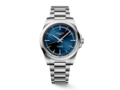 Longines Conquest Automatik Edelstahl 41mm blaues Zifferblatt Metallband – Herrenuhren Uhr mit Datum aus Edelstahl. Das Gehäuse ist rund und silber. Das Edelstahlarmband ist silber. Das Zifferblatt ist ein Index in blau.