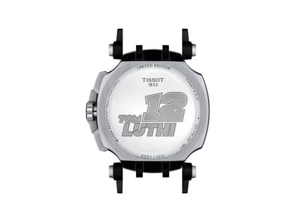Tissot T-Race MotoGP               2020 / 2021 Chronograph Limited Edition Thomas Lüthi Quarz – Herrenuhren Chronograph aus Edelstahl und PVD beschichtet. Das Gehäuse ist rund und silber. Das Lederarmband ist schwarz. Das Zifferblatt ist arabisch Index und schwarz. – Ansicht 5