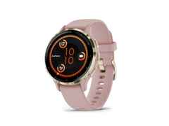 Garmin Venu 3S faserverstärktes Polymer Dust Rose 41mm altrosafarbenes Kautschukband – Herrenuhren Uhr Multifunktion aus Edelstahl, Kautschuk, Kunststoff und PVD beschichtet. Das Gehäuse ist rund und rosa. Das Kautschuk / Kunststoff / Silikon Armband ist rosa. Das Zifferblatt ist digital und schwarz. – Ansicht 3