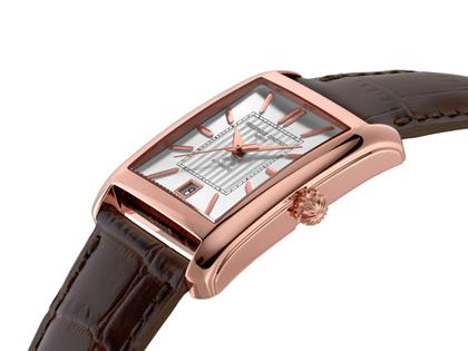 Frederique Constant Classics Carree Automatic Edelstahl roségold silbernes Zifferblatt braunes Lederband – Herrenuhren Uhr mit Datum aus Edelstahl, Leder, PVD beschichtet und vergoldet. Das Gehäuse ist rechteckig und roségold. Das Lederarmband ist braun. Das Zifferblatt ist ein Index in silber. – Ansicht 3