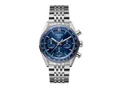 TAG Heuer Carrera Chronograph Automatik Edelstahl 41mm blaues Zifferblatt Metallband – Herrenuhren Chronograph aus Edelstahl. Das Gehäuse ist rund und silber. Das Edelstahlarmband ist silber. Das Zifferblatt ist ein Index in blau.