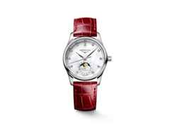 Longines Master Collection Automatik Edelstahl 34mm weißes Perlmutt-Zifferblatt mit Diamanten rotes Lederband – Damenuhren Uhr mit Datum aus Edelstahl und Leder. Das Gehäuse ist rund und silber. Das Lederarmband Kroko / Alligator ist rot. Das Zifferblatt ist ein Index in weiß.