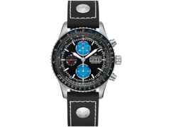 Hamilton Khaki Aviation Converter Air Zermatt Limited Edition Automatik Edelstahl 44mm schwarzes Zifferblatt schwarzes Lederband – Herrenuhren Chronograph aus Edelstahl und Leder. Das Gehäuse ist rund und grau. Das Lederarmband ist schwarz. Das Zifferblatt ist arabisch Index und schwarz.