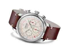 Union Glashütte Belisar Chronograph Sachsen Classic 2018 Limited Edition Automatik Edelstahl 44mm beiges Zifferblatt braunes Lederband – Herrenuhren Chronograph aus Edelstahl und Leder. Das Gehäuse ist rund und silber. Das Lederarmband ist braun. Das Zifferblatt ist arabisch Index und beige. – Ansicht 2