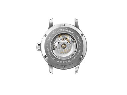 MeisterSinger Perigraph Edelstahl schwarzes Zifferblatt petrolfarbenes Datum schwarzes Lederband – Herrenuhren Uhr mit Datum aus Edelstahl. Das Gehäuse ist rund und silber. Das Lederarmband ist schwarz. Das Zifferblatt ist arabisch und schwarz. – Ansicht 2