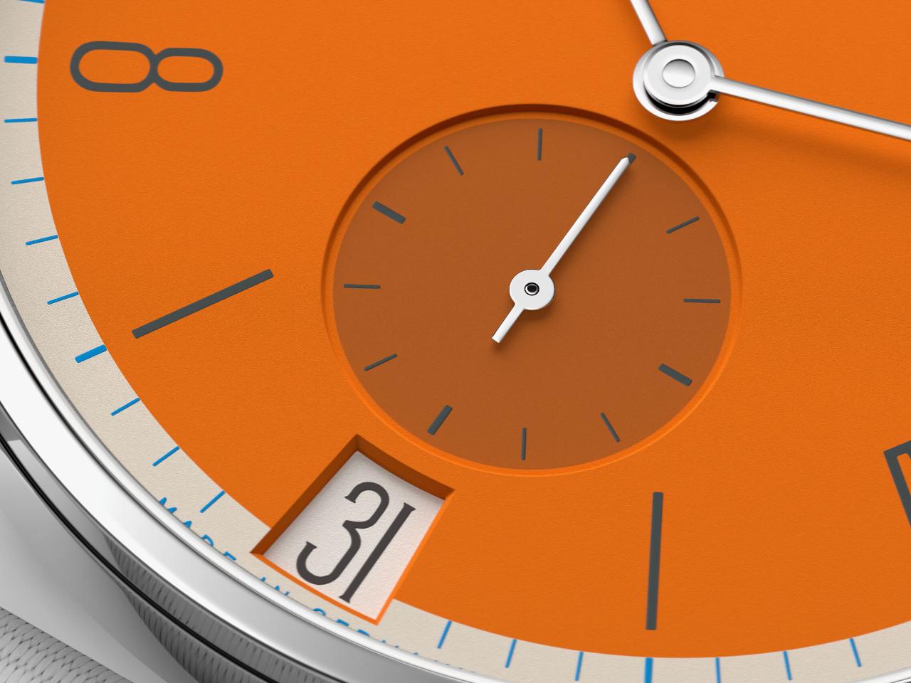 Nomos Glashütte Tangente 38 Datum "175 Years Watchmaking - Boje" Handaufzug Edelstahl orangenes Zifferblatt graues Textilband Glasboden – Herrenuhren Uhr mit Datum aus Edelstahl. Das Gehäuse ist rund und silber. Das Textilarmband ist grau. Das Zifferblatt ist arabisch Index und orange. – Ansicht 6