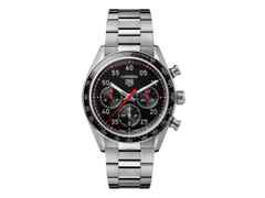 TAG Heuer Carrera Chronograph Sport Automatik Edelstahl 42mm schwarzes Zifferblatt Metallband – Herrenuhren Chronograph aus Edelstahl und Keramik. Das Gehäuse ist rund und silber. Das Edelstahlarmband ist silber. Das Zifferblatt ist arabisch Index und schwarz.