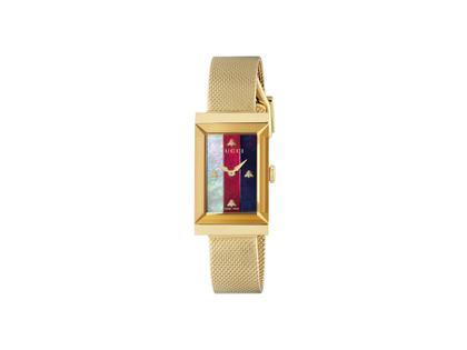 Gucci G-Frame Quarz Edelstahl PVD-Gelbgold 21x34mm weiß-rot-blaues Zifferblatt Metallband YA147410 – Damenuhren Uhr ohne Datum aus Edelstahl und PVD beschichtet. Das Gehäuse ist rechteckig und gelbgold. Das vergoldetes Edelstahlarmband ist gelbgold. Der Zifferblatt ist ein Index.