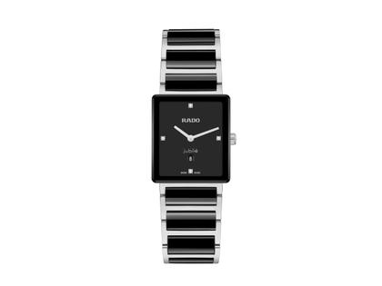 Damenuhren Uhr mit Datum aus Edelstahl und Keramik. Das Gehäuse ist rechteckig und silber. Das Edelstahlarmband ist schwarz. Das Zifferblatt ist ein Index in schwarz.