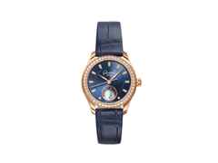 Glashütte Original Lady Serenade Luna Automatik Edelstahl 32,5mm blaues Zifferblatt blaues Lederband – Damenuhren Uhr ohne Datum aus 750 Rotgold, Edelstahl und Leder. Das Gehäuse ist rund und silber. Das Lederarmband Kroko / Alligator ist blau. Das Zifferblatt ist ein Index in blau.