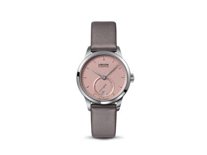 Union Glashütte 1893 Johannes Dürrstein Edition Kleine Sekunde Automatik Edelstahl 34mm altrosa Zifferblatt graues Lederband