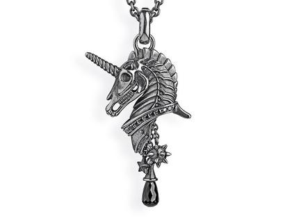 Drachenfels Design Sternenglanz und Schattentanz Anhänger Einhorn Dark groß Onyx Silber Vintage – Anhänger Anhänger mit Besatz aus 925 Silber.