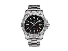 Breitling Avenger GMT 44 Automatik Edelstahl schwarzes Zifferblatt Metallband – Herrenuhren Uhr mit Datum aus Edelstahl. Das Gehäuse ist rund und silber. Das Edelstahlarmband ist silber. Das Zifferblatt ist ein Index in schwarz.