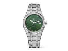 Maurice Lacroix Aikon Quarz Edelstahl 40mm grünes Zifferblatt Metallband – Herrenuhren Uhr mit Datum aus Edelstahl, PVD beschichtet und vergoldet. Das Gehäuse ist rund und silber. Das Edelstahlarmband ist silber. Das Zifferblatt ist ein Index in blau.