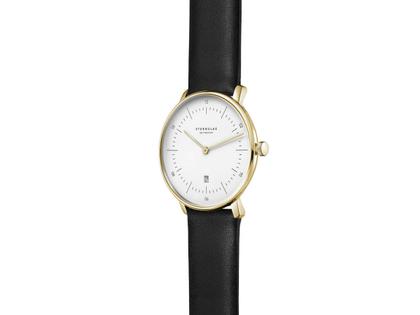 Sternglas Naos XS Quarz Edelstahl Gelbgold-PVD 33mm weißes Zifferblatt schwarzes Lederband – Damenuhren Uhr mit Datum aus Edelstahl und PVD beschichtet. Das Gehäuse ist rund und gelbgold. Das Lederarmband ist schwarz. Das Zifferblatt ist ein Index in weiß. – Ansicht 2