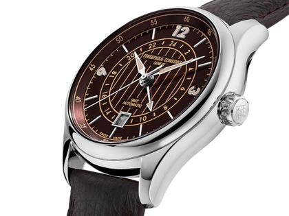 Frederique Constant Classics Runabout GMT Automatik Edelstahl 42mm braunes Zifferblatt braunes Lederband limitiert – Herrenuhren Uhr mit Datum aus Edelstahl und Leder. Das Gehäuse ist rund und silber. Das Lederarmband ist braun. Das Zifferblatt ist arabisch Index und braun. – Ansicht 2