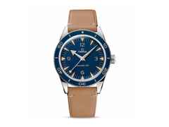 Omega Seamaster 300 Automatik Edelstahl 41mm blaues Zifferblatt braunes Lederband – Herrenuhren Uhr ohne Datum aus Aluminium und Edelstahl. Das Gehäuse ist rund und silber. Das Lederarmband ist braun. Das Zifferblatt ist arabisch Index und blau.