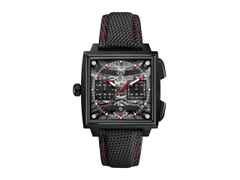 TAG Heuer Monaco Evergraph Automatik Titan DLC-Schwarz 40mm skelettiertes Zifferblatt schwarzes Kautschukband – Herrenuhren Chronograph aus DLC beschichtet und Titan. Das Gehäuse ist quadratisch und schwarz. Das Kautschuk / Kunststoff / Silikon Armband ist schwarz. Das Zifferblatt ist ein Index in schwarz.