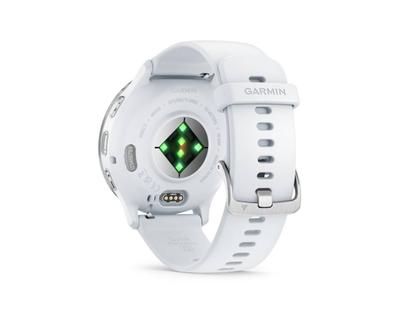 Garmin Venu 3 faserverstärktes Polymer Steinweiß 45mm steinweißes Kautschukband – Herrenuhren Uhr Multifunktion aus Edelstahl, Kautschuk und Kunststoff. Das Gehäuse ist rund und weiß. Das Kautschuk / Kunststoff / Silikon Armband ist weiß. Das Zifferblatt ist digital und schwarz. – Ansicht 5