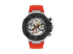 Tissot T-Race MotoGP                    2026 Chronograph Limited Edition Automatic Edelstahl 45mm skelettiertes Zifferblatt rotes Silikonband – Herrenuhren Chronograph aus Edelstahl und PVD beschichtet. Das Gehäuse ist rund und silber. Das Kautschuk / Kunststoff / Silikon Armband ist rot. Das Zifferblatt ist ein Index in silber.