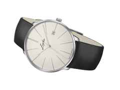 Junghans Meister fein Kleine Automatic Edelstahl 39mm weißes Zifferblatt schwarzes Lederband – Herrenuhren Uhr mit Datum aus Edelstahl und Leder. Das Gehäuse ist rund und silber. Das Lederarmband ist schwarz. Das Zifferblatt ist ein Index in grau. – Ansicht 3