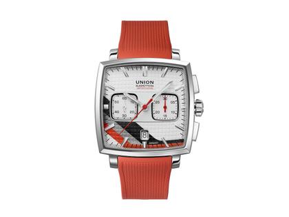 Union Glashütte Averin Chronograph Sachsen Classic 2026 Limited Edition Automatik Edelstahl 41mm graues Zifferblatt rotes Kautschukband und graues Lederband – Herrenuhren Chronograph aus Edelstahl, Kautschuk und Leder. Das Gehäuse ist quadratisch und silber. Das Lederarmband ist grau. Das Zifferblatt ist ein Index in grau. – Ansicht 2