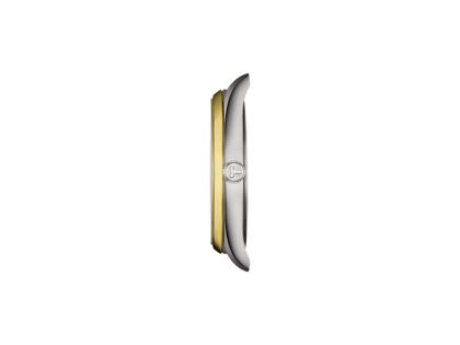 Tissot PR 100 Quarz Edelstahl bicolor 40mm dunkelblaues Zifferblatt Metallband bicolor – Herrenuhren Uhr mit Datum aus Edelstahl und PVD beschichtet. Das Gehäuse ist rund und silber-gelbgold. Das Edelstahlarmband ist silber-gelbgold. Das Zifferblatt ist ein Index in blau. – Ansicht 2