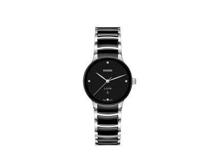 Rado Centrix Diamonds Quarz Edelstahl Roségold-PVD 30,5mm schwarzes Zifferblatt mit Brillanten Metallband – Damenuhren Uhr mit Datum aus Edelstahl und Keramik. Das Gehäuse ist rund und silber. Das Keramikarmband ist schwarz. Das Zifferblatt ist ein Index in schwarz.