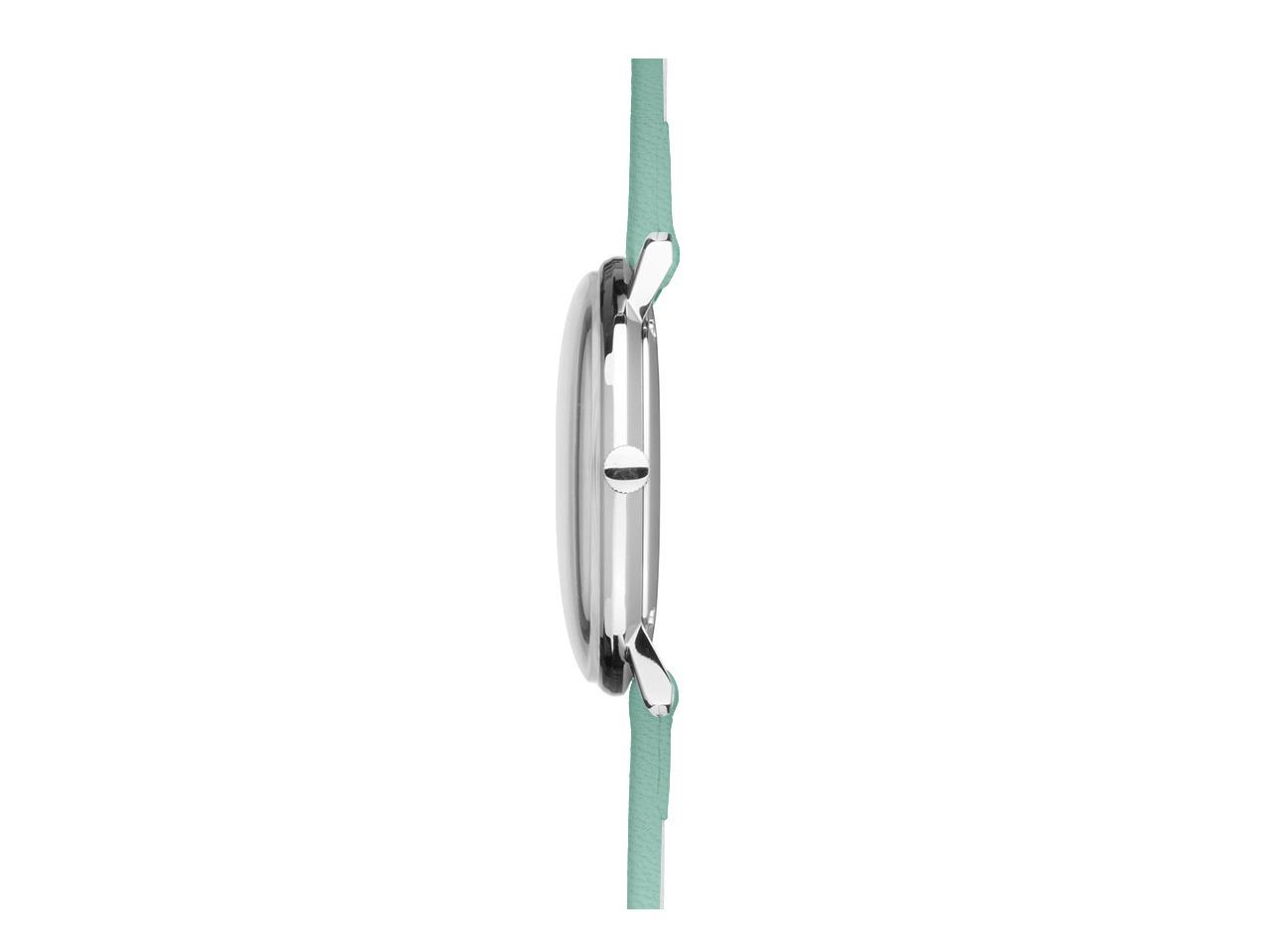 Junghans Max Bill Damen Quarz Edelstahl 32,7mm blaues Zifferblatt blaues Lederband – Damenuhren Uhr mit Datum aus Edelstahl. Das Gehäuse ist rund und silber. Das Lederarmband ist blau. Das Zifferblatt ist ein Index in blau. – Ansicht 3