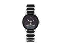 Rado Centrix Diamonds Quarz Edelstahl 35mm schwarzes Zifferblatt mit Brillanten Metallband limitiert – Damenuhren Uhr mit Datum aus Edelstahl und Keramik. Das Gehäuse ist rund und silber. Das Edelstahlarmband ist silber. Das Zifferblatt ist ohne Zeichen und schwarz.