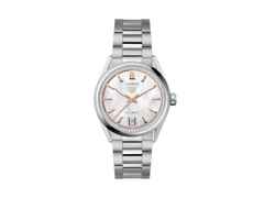 TAG Heuer Carrera Date Automatik Edelstahl 36mm weißes Perlmutt-Zifferblatt mit Brillanten Metallband – Damenuhren Uhr mit Datum aus Edelstahl. Das Gehäuse ist rund und silber. Das Edelstahlarmband ist silber. Das Zifferblatt ist ein Index in weiß.