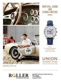 Union Glashütte Belisar Chronograph Mondphase Sachsen Classic 2019 Limited Edition Automatik Edelstahl 44mm weißes Zifferblatt blaues Lederband – Herrenuhren Chronograph aus Edelstahl. Das Gehäuse ist rund und silber. Das Lederarmband ist blau. Das Zifferblatt ist arabisch Index und weiß. – Ansicht 3
