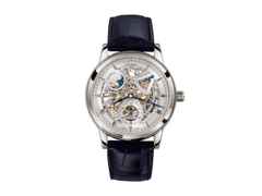 Glashütte Original Senator Mondphase Skelettierte Edition Handaufzug Weißgold 42mm silbernes Zifferblatt schwarzes Lederband – Herrenuhren Uhr ohne Datum aus 750 Weißgold. Das Gehäuse ist rund und silber. Das Lederarmband Kroko / Alligator ist blau. Das Zifferblatt ist römisch Index und silber.