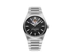 Frederique Constant Highlife Heart Beat Automatic Chronometer Edelstahl 41mm schwarzes Zifferblatt Metallband und Kautschukband – Herrenuhren Uhr ohne Datum aus Edelstahl und Kautschuk. Das Gehäuse ist rund und silber. Das Edelstahlarmband ist silber. Das Zifferblatt ist ein Index in schwarz.