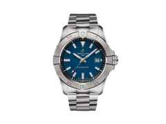 Breitling Avenger Automatik 42 Edelstahl blaues Zifferblatt Metallband – Herrenuhren Uhr mit Datum aus Edelstahl. Das Gehäuse ist rund und silber. Das Edelstahlarmband ist silber. Das Zifferblatt ist ein Index in blau.
