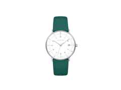 Junghans Max Bill Damen Quarz Edelstahl 32,7mm weißes Zifferblatt grünes Lederband – Damenuhren Uhr mit Datum aus Edelstahl. Das Gehäuse ist rund und silber. Das Lederarmband ist grün. Das Zifferblatt ist arabisch Index und weiß.